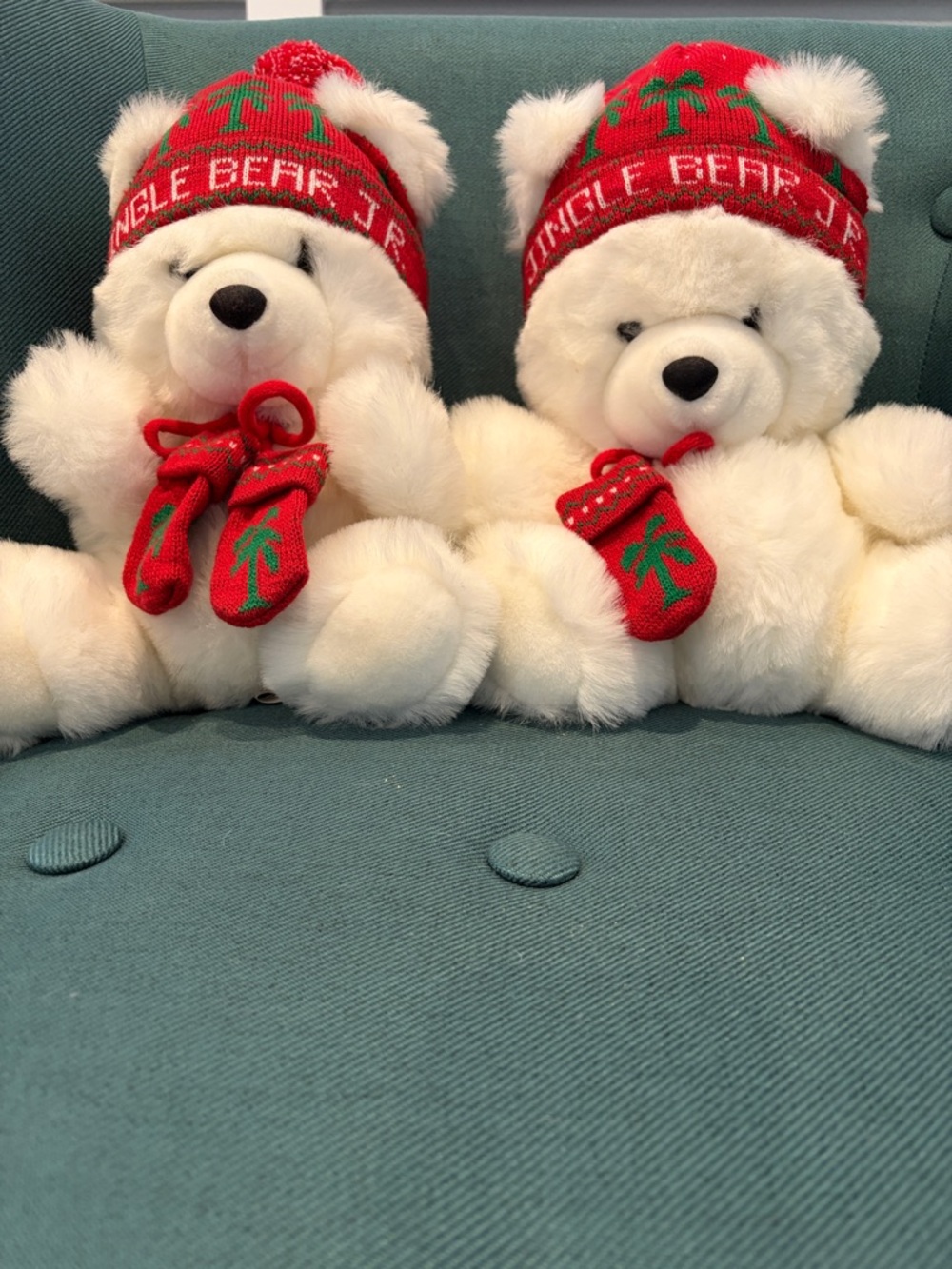 Vintage Jingle Bears - White Plush Bear Pair with Red Holiday Hats and Mittens
